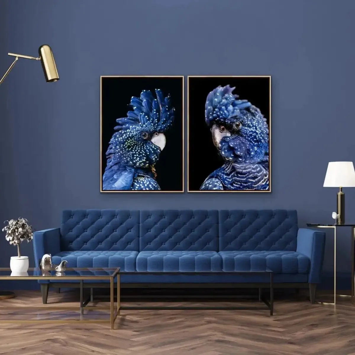 Black Cockatoo On Black - Two Piece Black Cockatoo Stretched Canvas Framed Wall Art Diptych