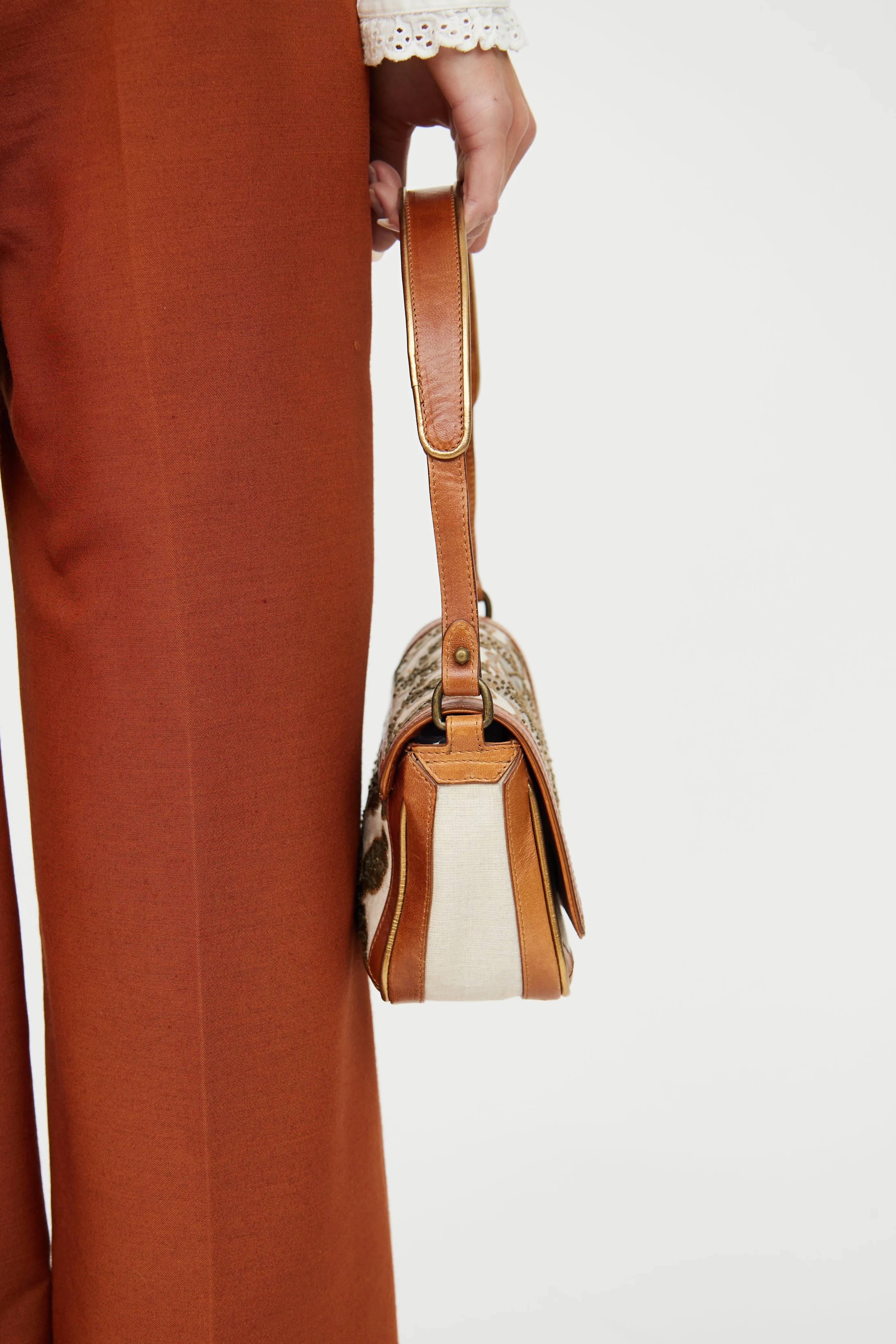 Cream & Brown Canvas Embroidered Bag