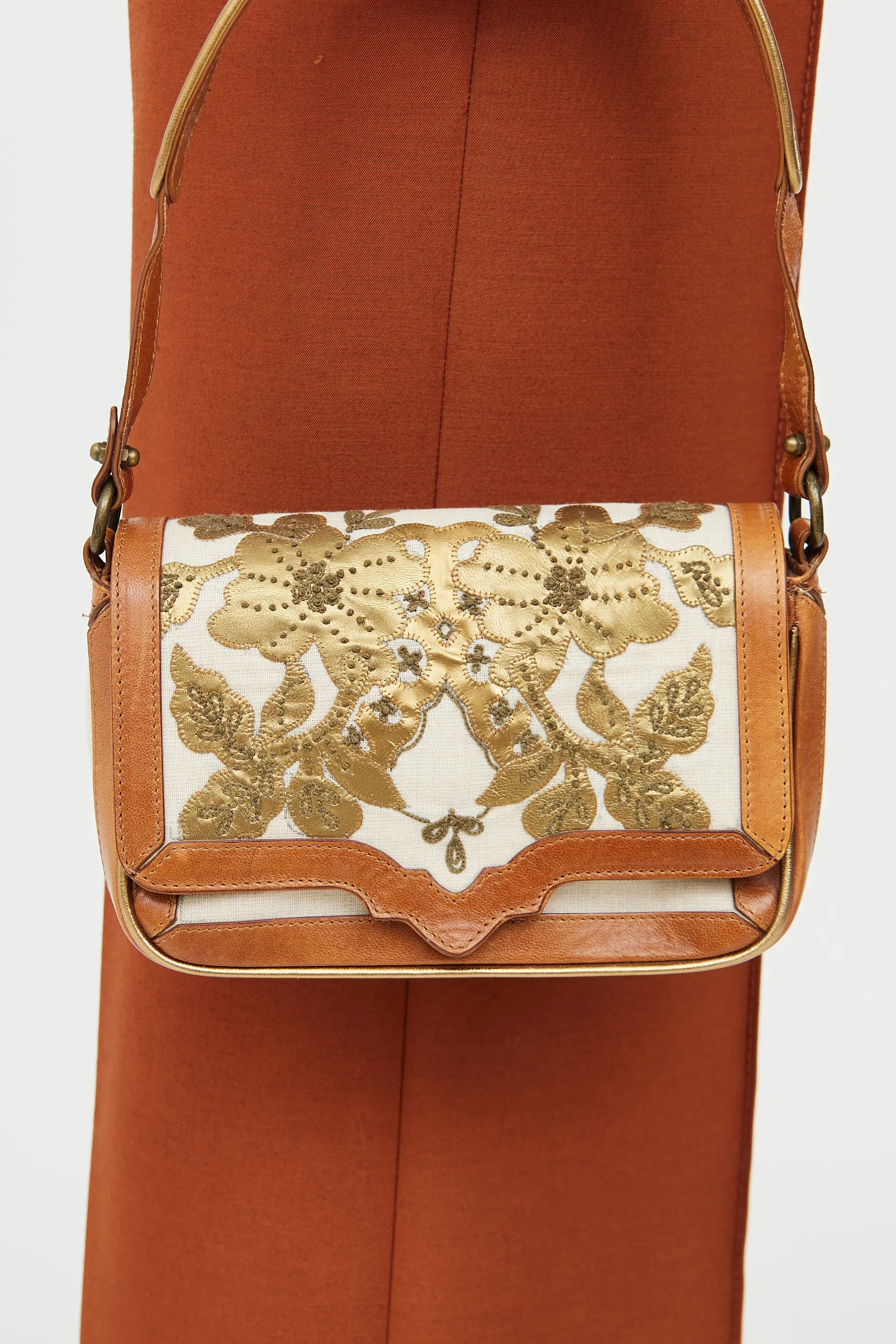 Cream & Brown Canvas Embroidered Bag