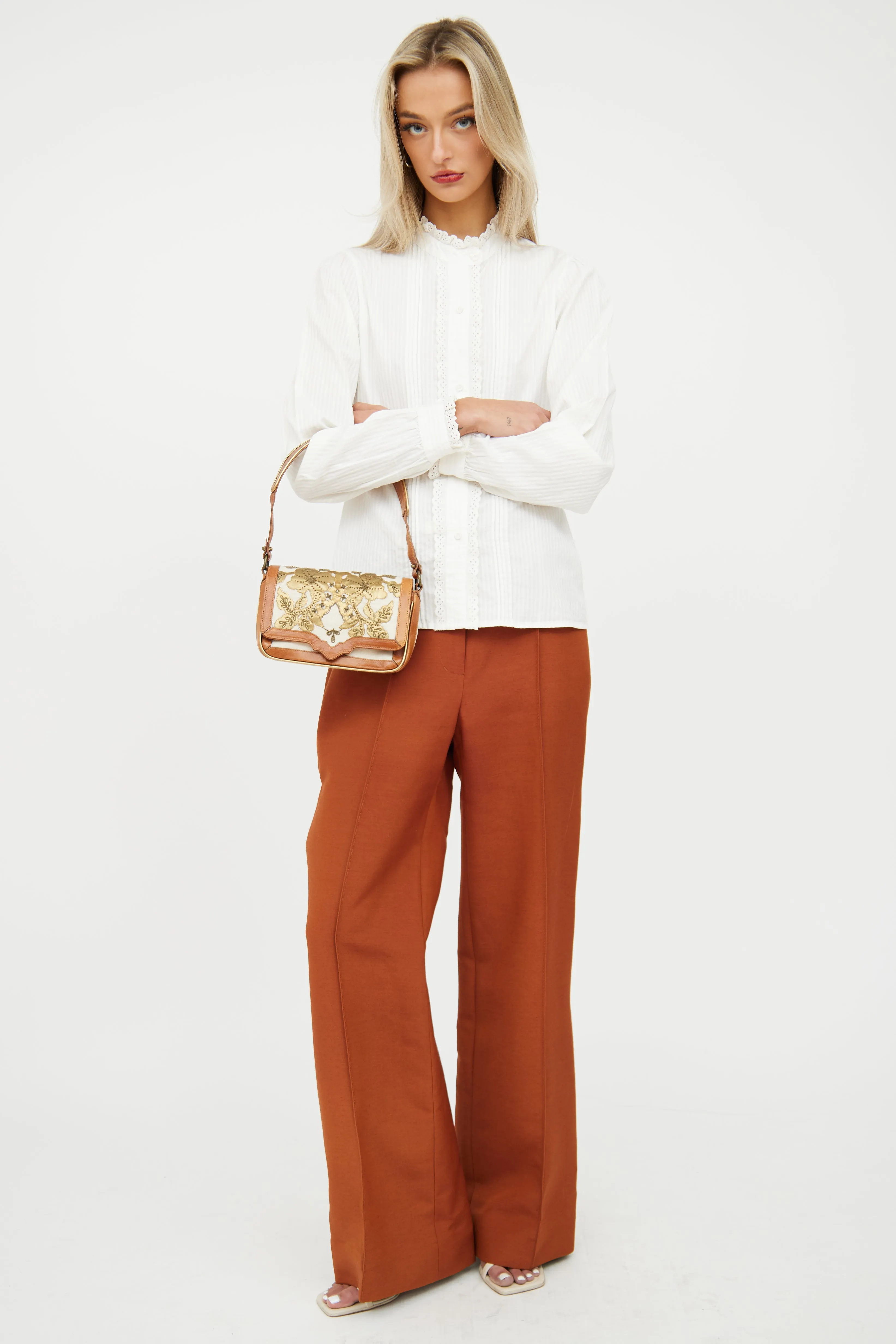 Cream & Brown Canvas Embroidered Bag