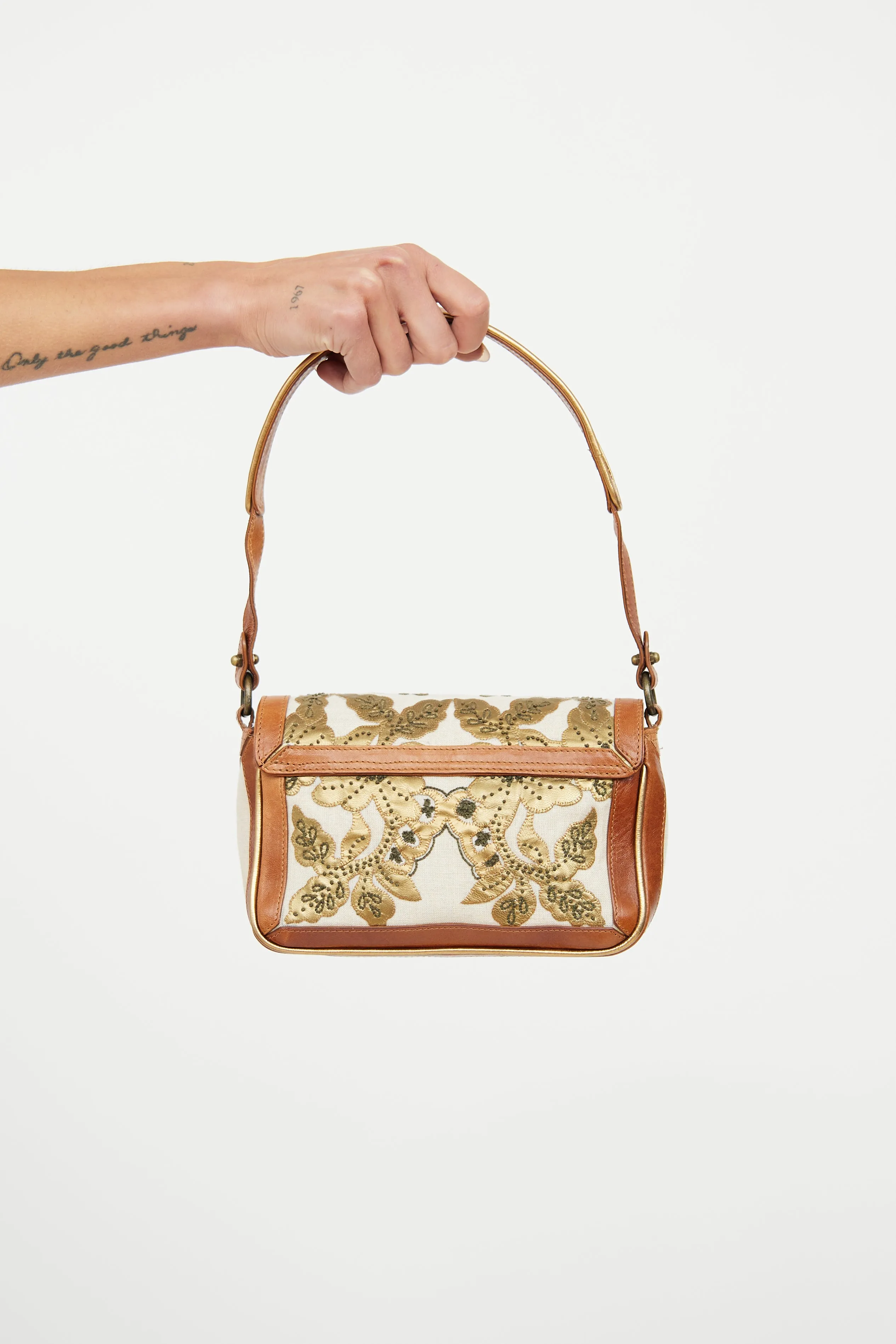 Cream & Brown Canvas Embroidered Bag