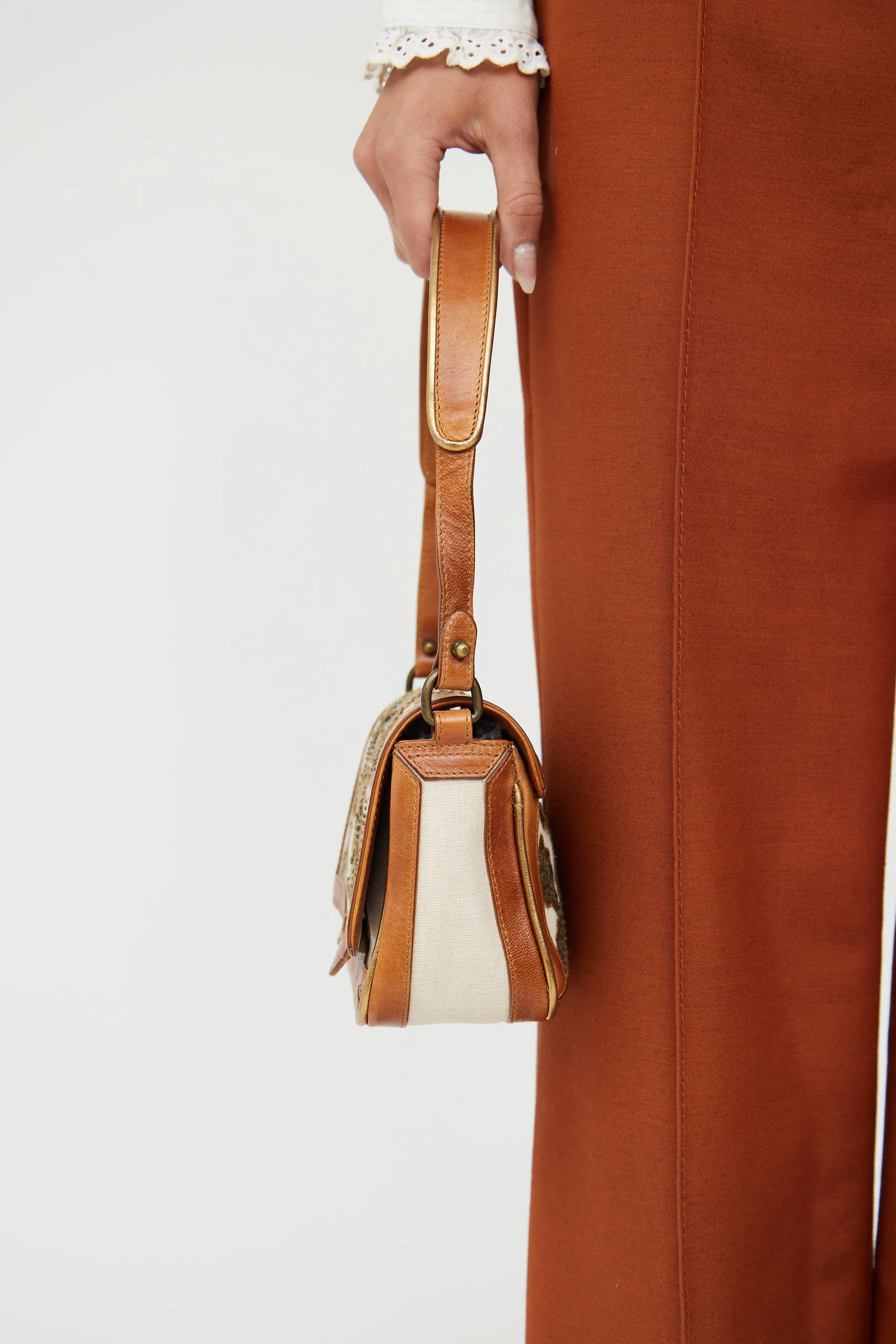 Cream & Brown Canvas Embroidered Bag