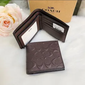 Designer Coach Leather Bifold Men Wallet Textured Brown