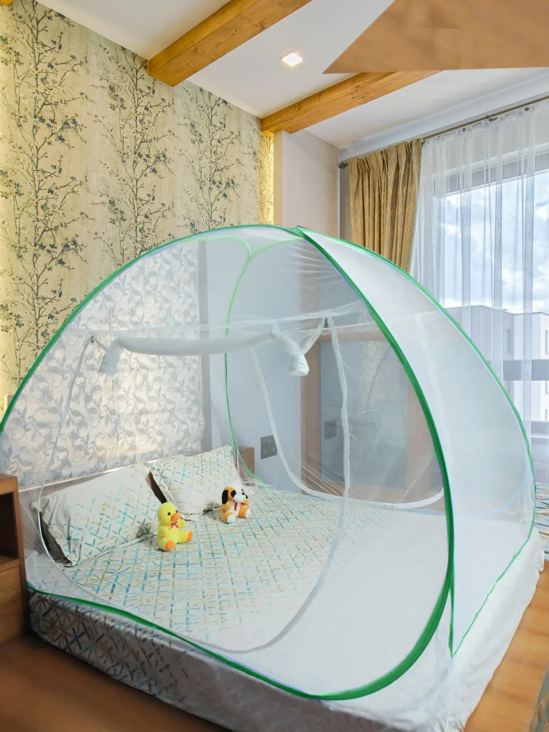 Evafly Mosquito Net for Double Bed | King Size Foldable Machardani | Polyester 30GSM Strong Net |PVC Coated Corrosion Resistant Steel Wire - Green