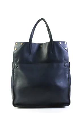 Fendi Womens Leather Gold Tone Flip Tote Shoulder Handbag Navy Blue Brown
