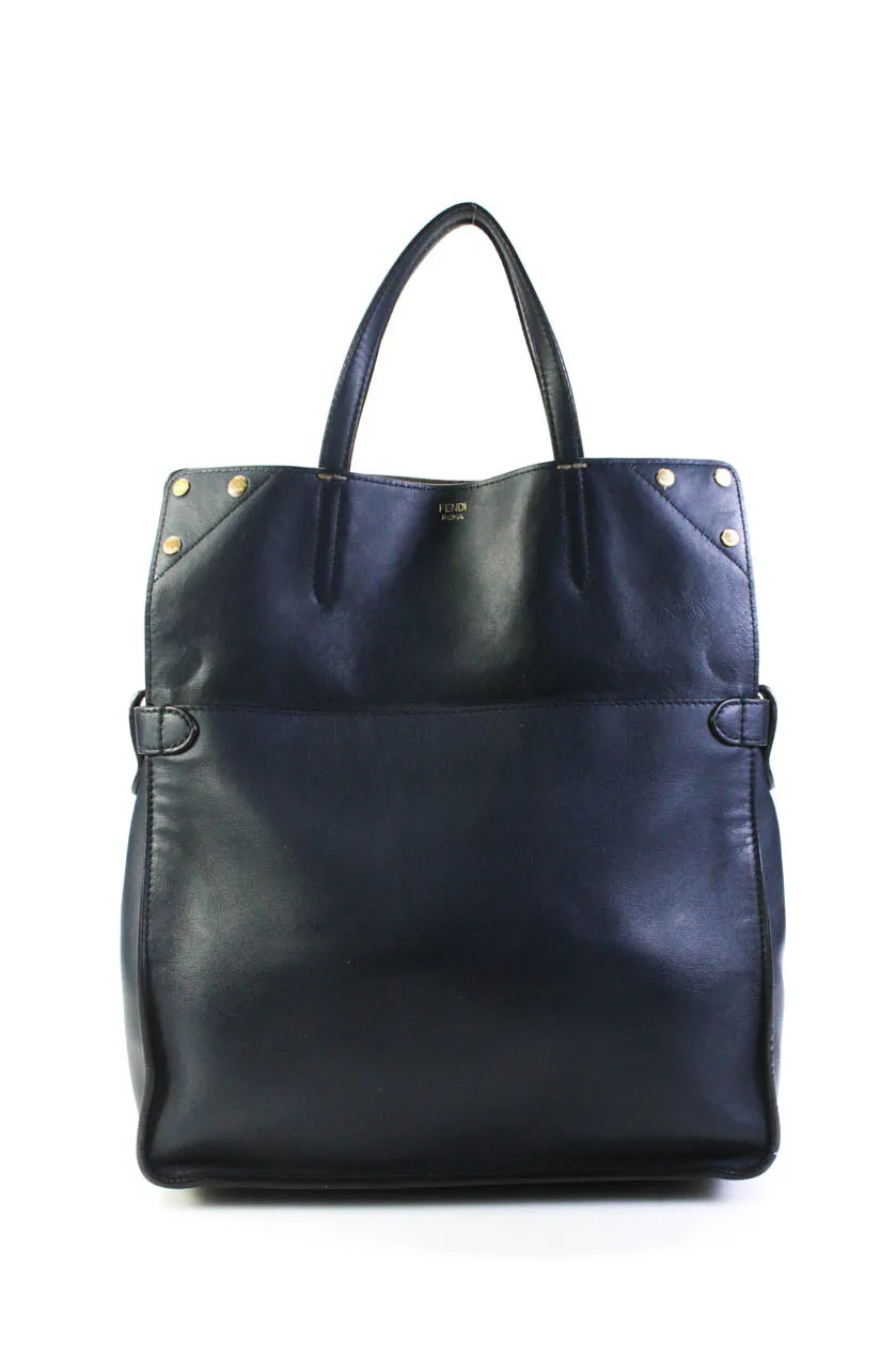 Fendi Womens Leather Gold Tone Flip Tote Shoulder Handbag Navy Blue Brown