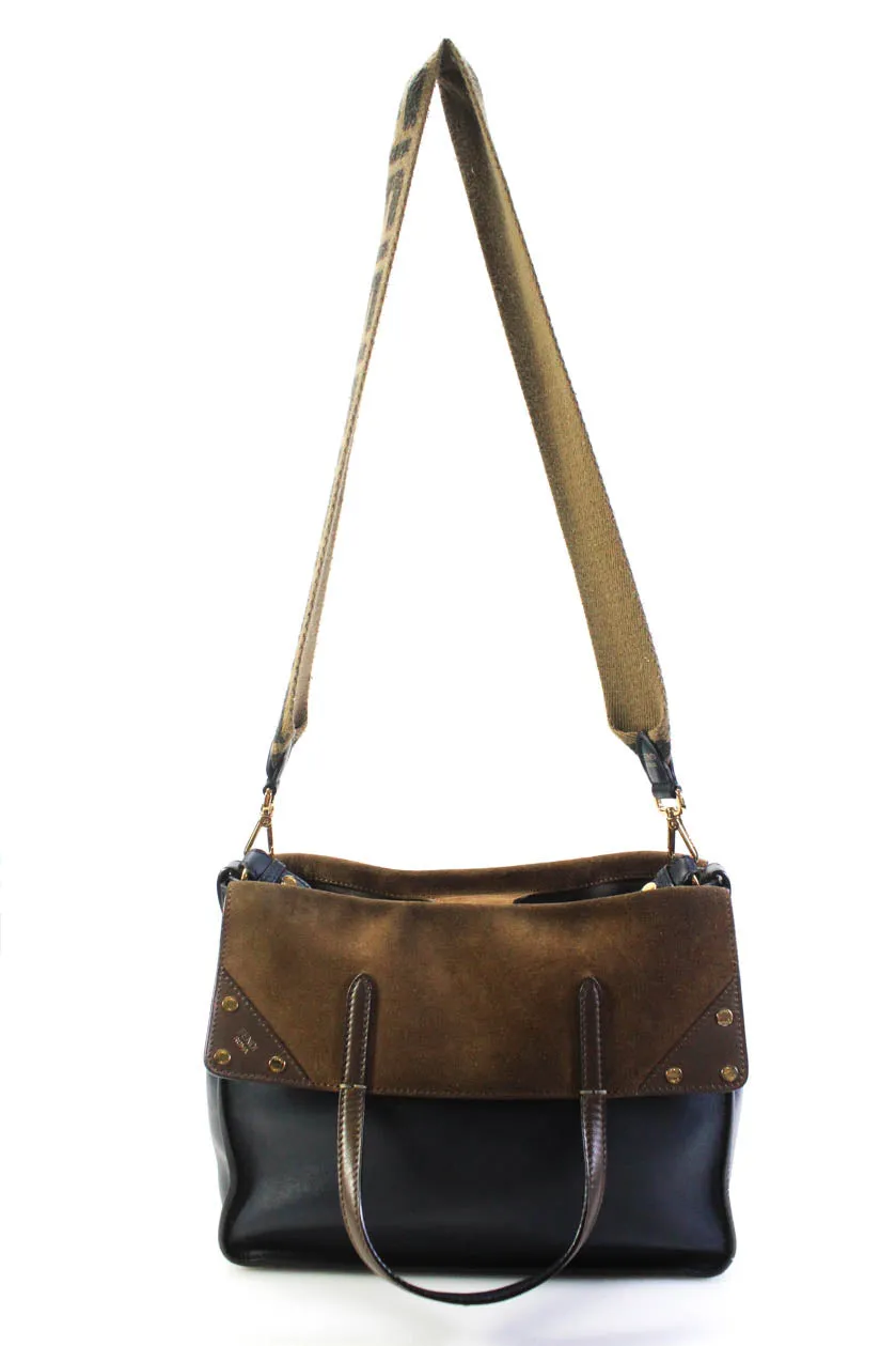 Fendi Womens Leather Gold Tone Flip Tote Shoulder Handbag Navy Blue Brown