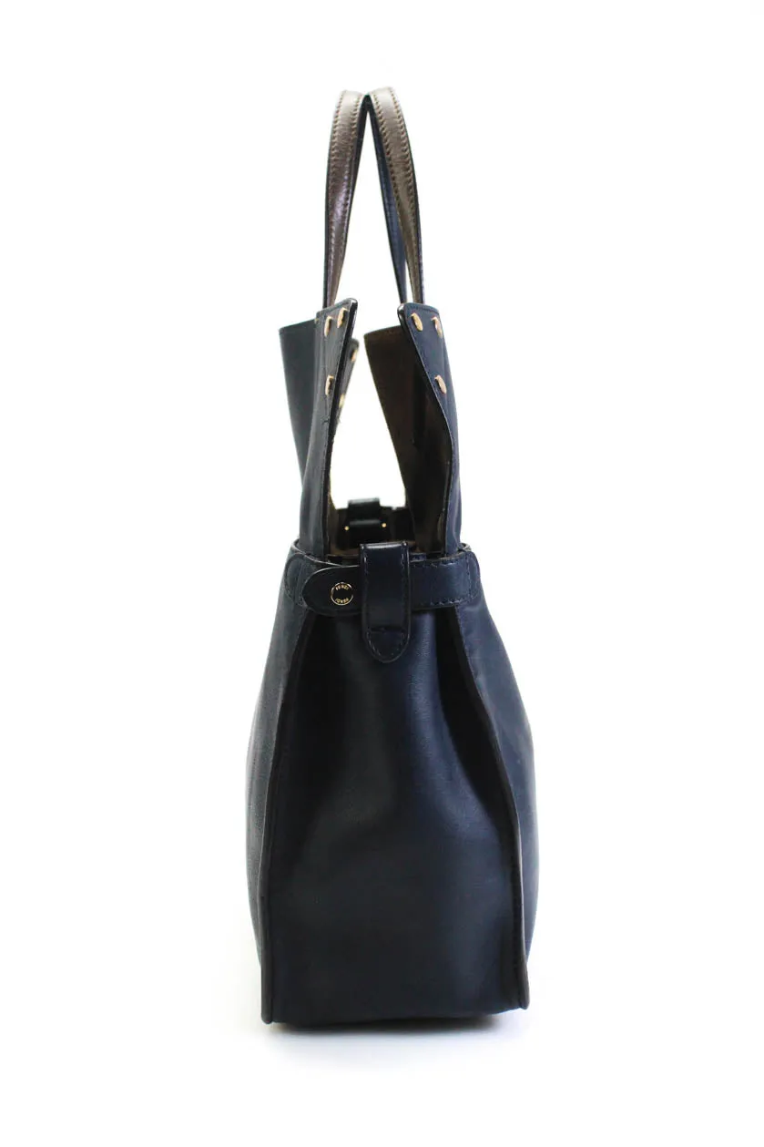 Fendi Womens Leather Gold Tone Flip Tote Shoulder Handbag Navy Blue Brown