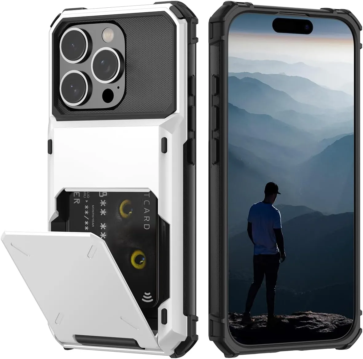 iPhone 16 Pro Case Card Holder Heavy Duty Dual Layer Shockproof Wallet Case with Hidden Card Slot Large Storage Cover White