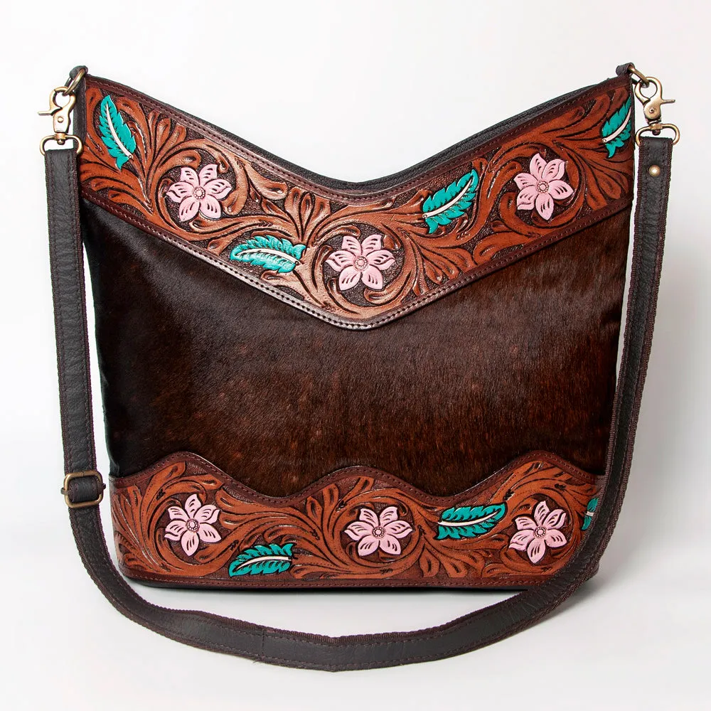 KBA122 - KBA122 -CROSS BODY Hand Tooled Saddle Leather and Upcycled Canvas Ladies Bag 15x17 KBA122 -