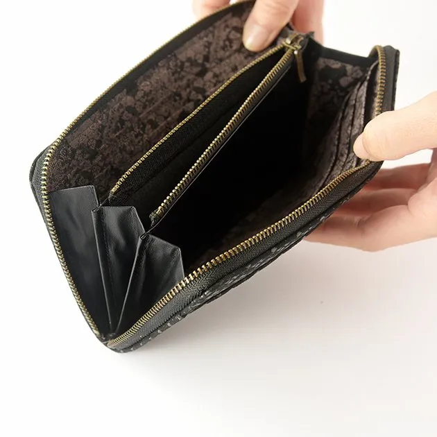 Koshu Inden Japanese Deerskin Leather with Urushi (Japanese Lacquer) U-Zip Long Wallet - Hishimon (Japanese Family Crest Pattern) / Gray-Black - ,  Made in Japan,  Japanese Leather Wallet