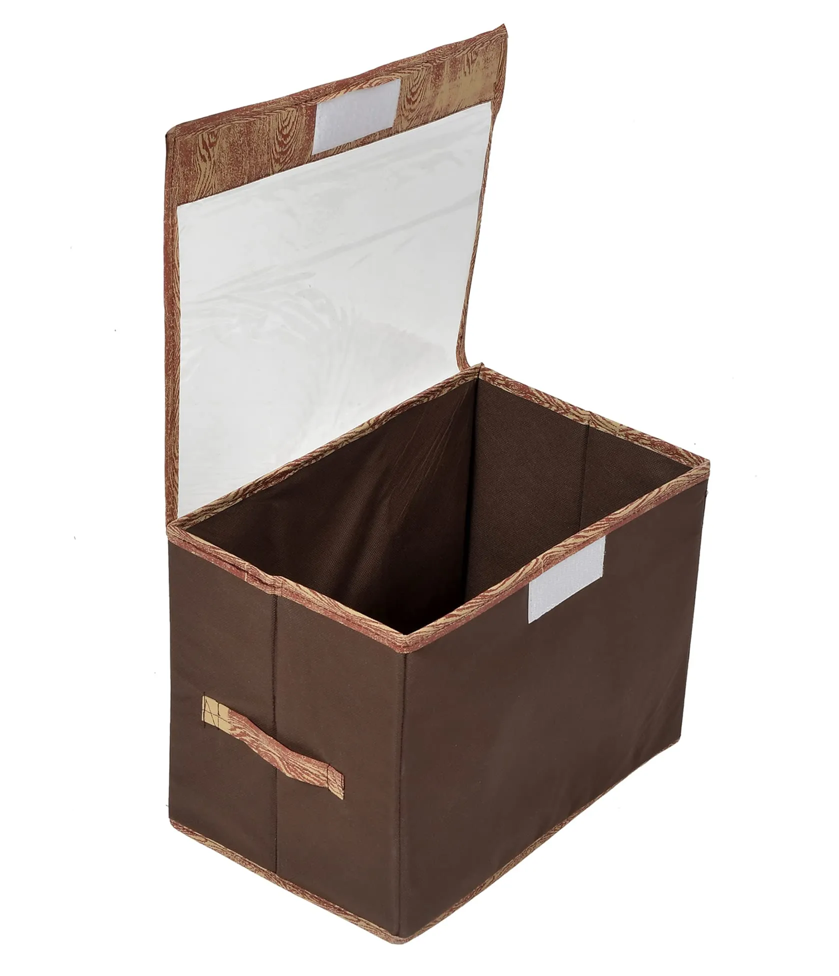 Kuber Industries Wooden Design Foldable Large Non-Woven Storage Box/Bin For Books, Towels, Magazines, DVDs & More With Tranasparent Lid- Pack of 3 (Brown) -44KM0446