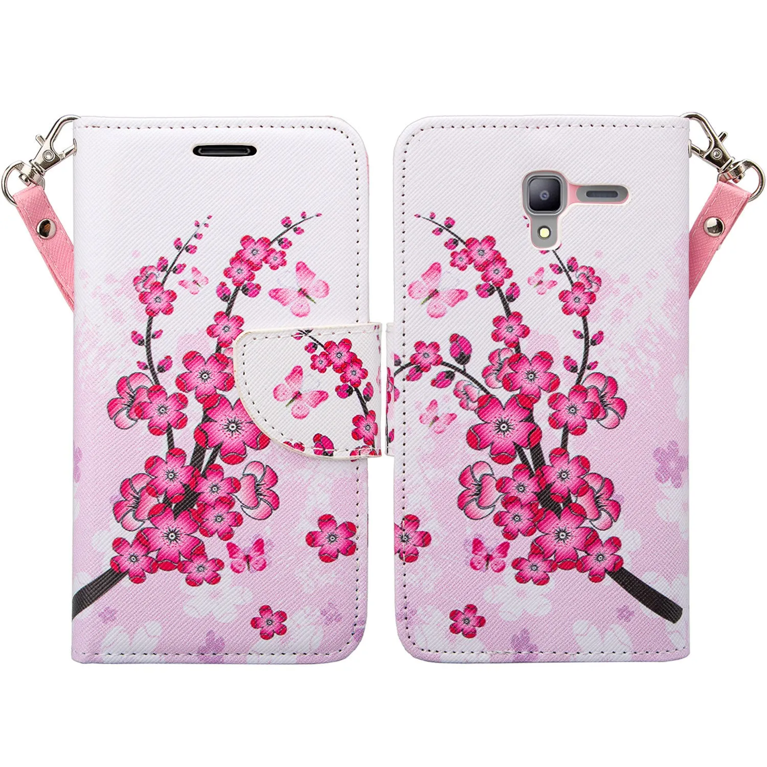 Kyocera Hydro View Wallet Case, Wrist Strap Pu Leather Magnetic Flip Fold[Kickstand] with ID & Card Slots for Kyocera Hydro View - Cherry Blossom