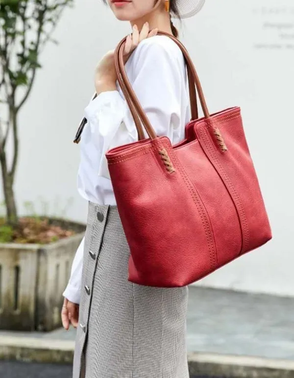 Large-capacity Casual Wine-red Leather Bag