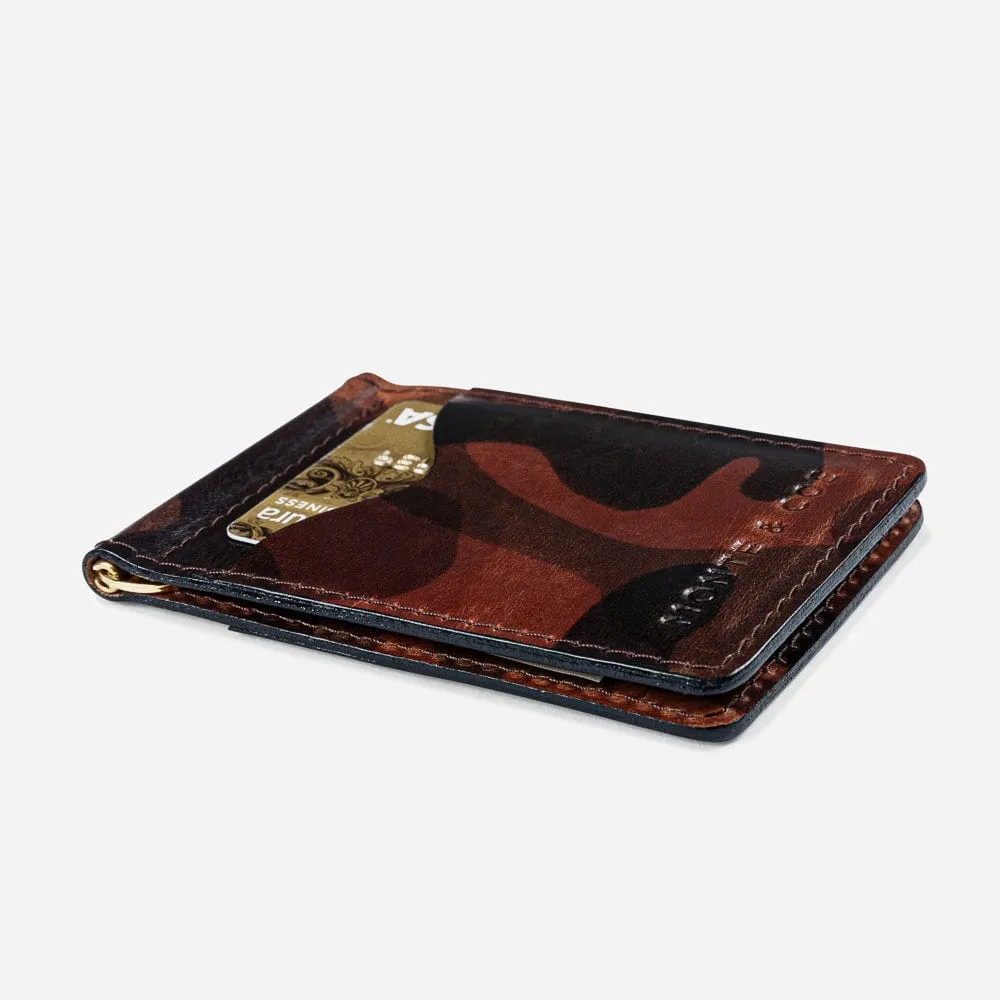 Leather Wallet with Money Clip in Cognac Camo