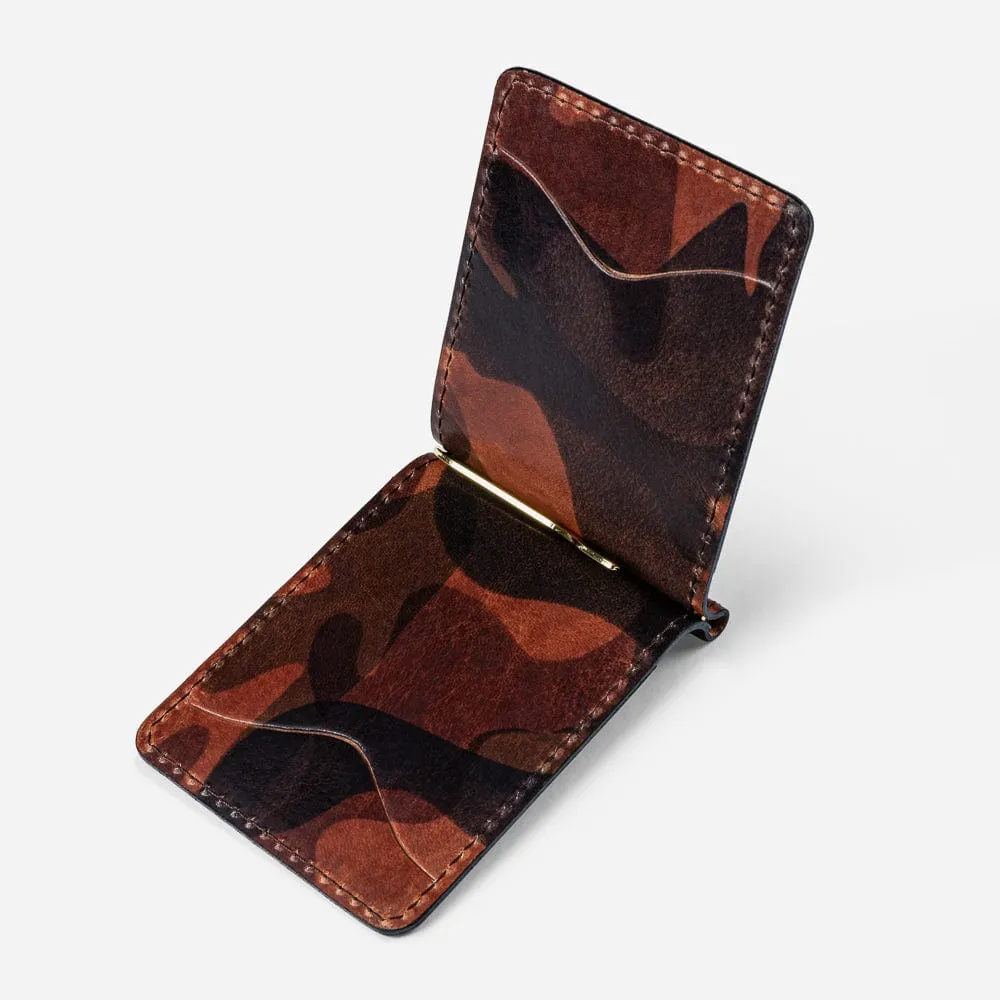 Leather Wallet with Money Clip in Cognac Camo