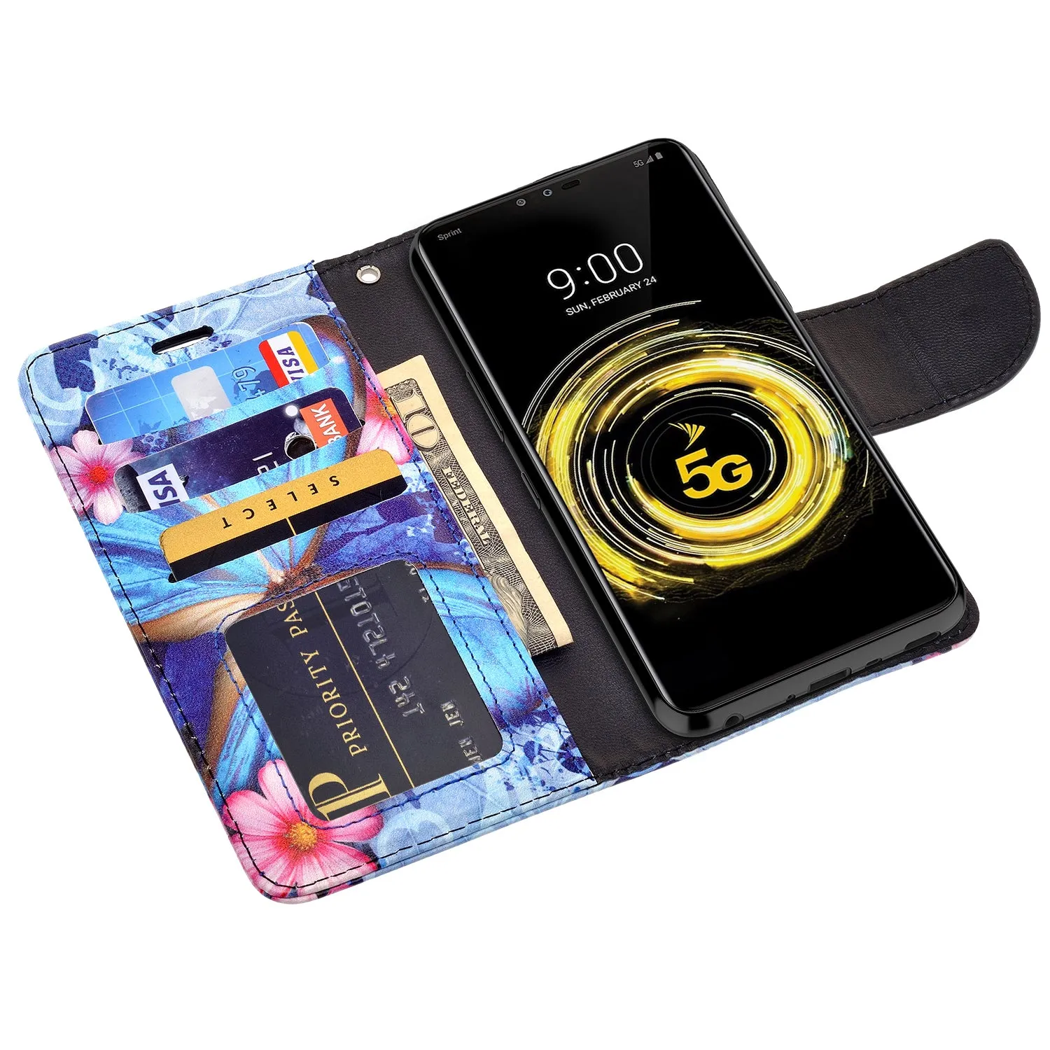 LG V50 ThinQ 5G Case, V50 ThinQ Wallet Case, Wrist Strap Pu Leather Wallet Case [Kickstand] with ID & Credit Card Slots - Blue Butterfly
