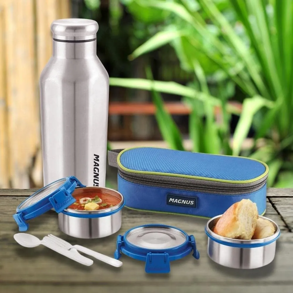 Magnus Avanza 2 Deluxe Airtight & Leakproof Stainless Steel Lunch Box for Kids & Office Men (600 ml) with Bag   Sporty Single Walled SS Bottle (550 ml) - Ideal Lunch Boxes for School & Office