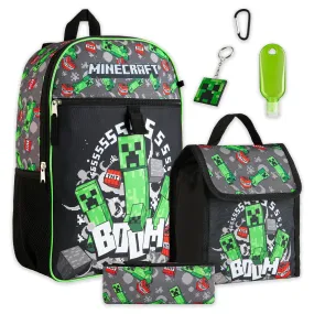 Minecraft Backpack 6 Piece Set with Lunch Bag, Pencil Case, Keyring, Carabiner, Hand Sanitiser Bottle