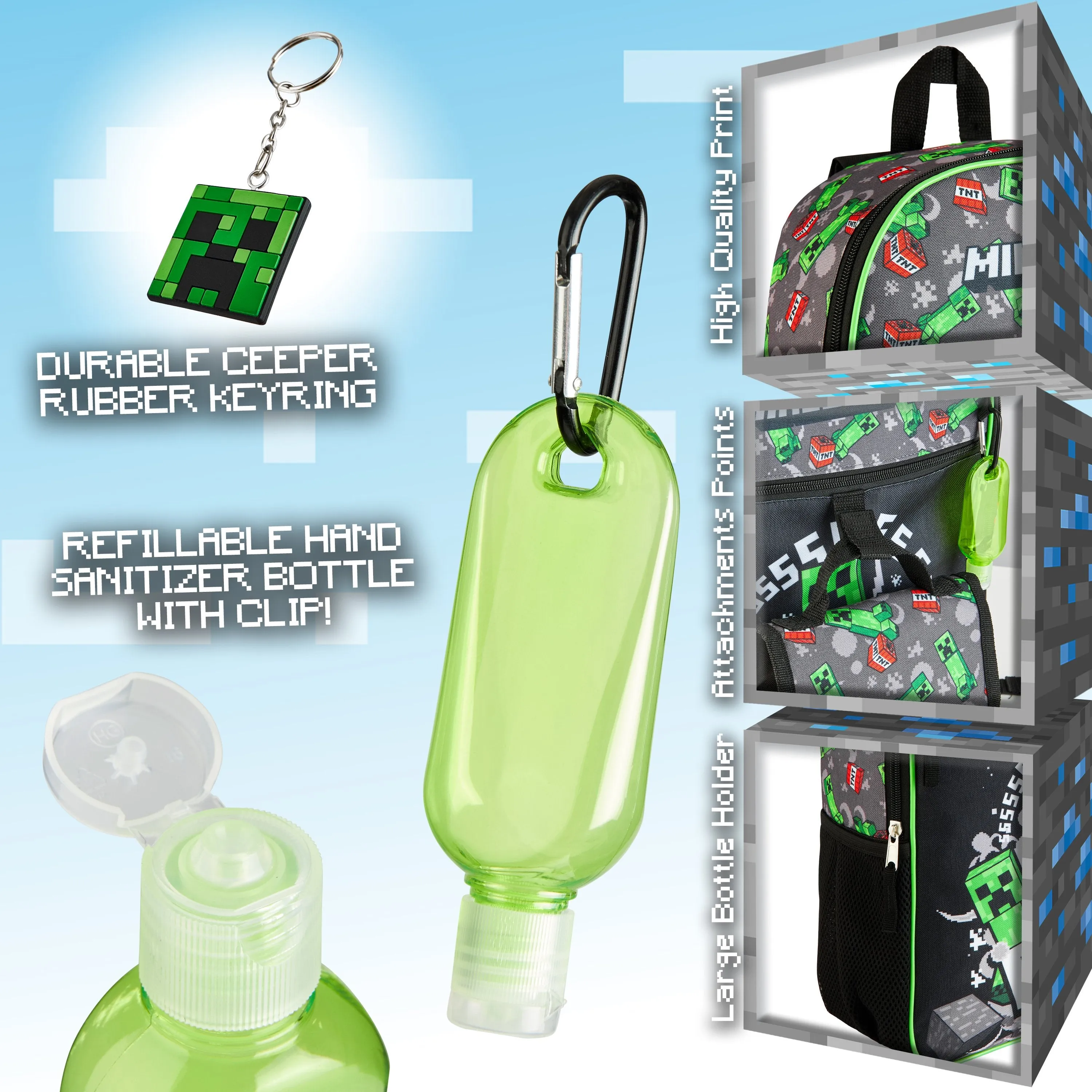 Minecraft Backpack 6 Piece Set with Lunch Bag, Pencil Case, Keyring, Carabiner, Hand Sanitiser Bottle