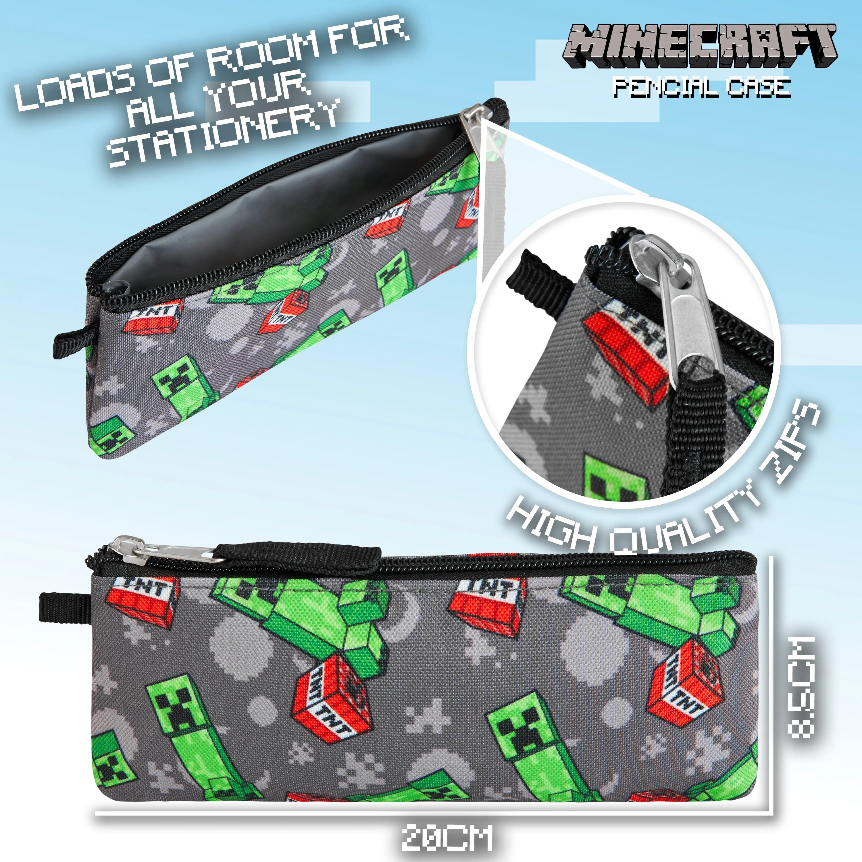 Minecraft Backpack 6 Piece Set with Lunch Bag, Pencil Case, Keyring, Carabiner, Hand Sanitiser Bottle