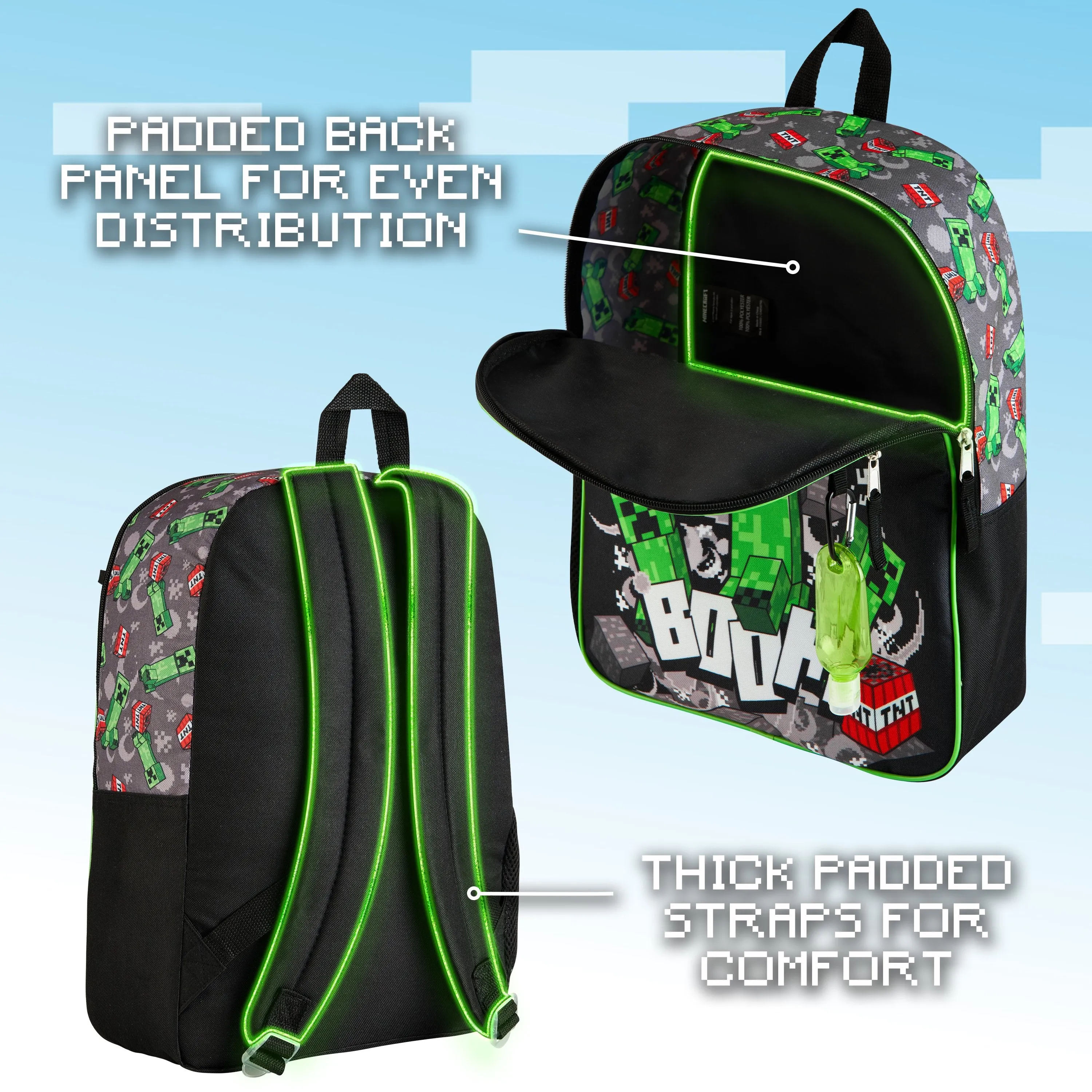 Minecraft Backpack 6 Piece Set with Lunch Bag, Pencil Case, Keyring, Carabiner, Hand Sanitiser Bottle