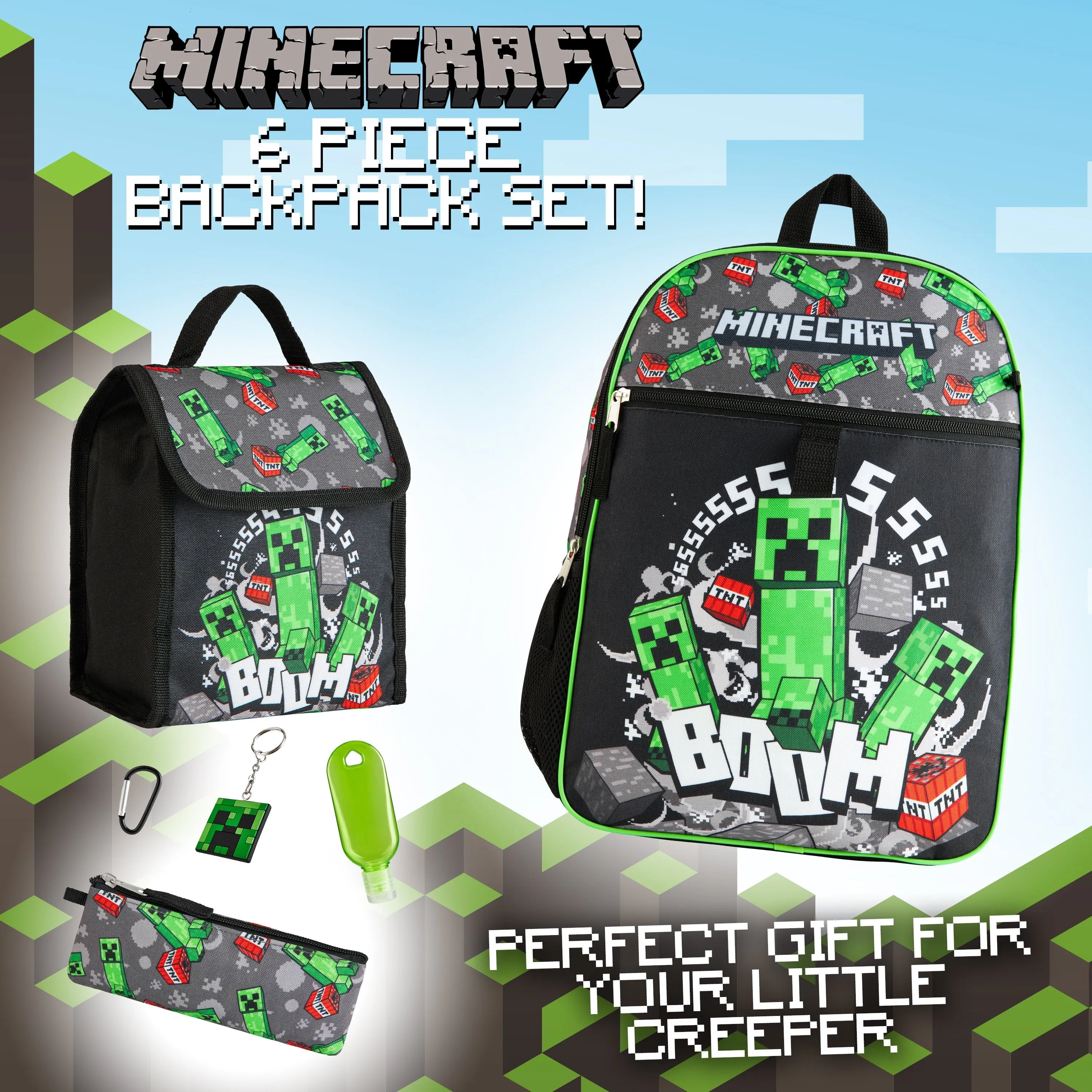 Minecraft Backpack 6 Piece Set with Lunch Bag, Pencil Case, Keyring, Carabiner, Hand Sanitiser Bottle