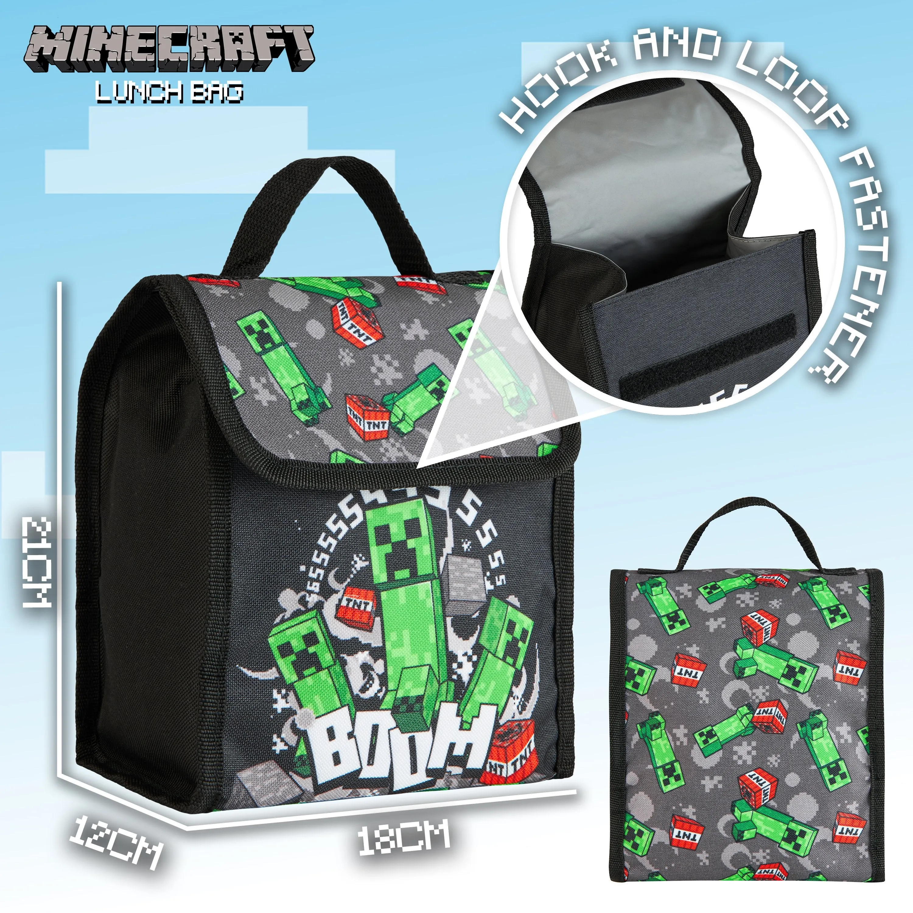 Minecraft Backpack 6 Piece Set with Lunch Bag, Pencil Case, Keyring, Carabiner, Hand Sanitiser Bottle