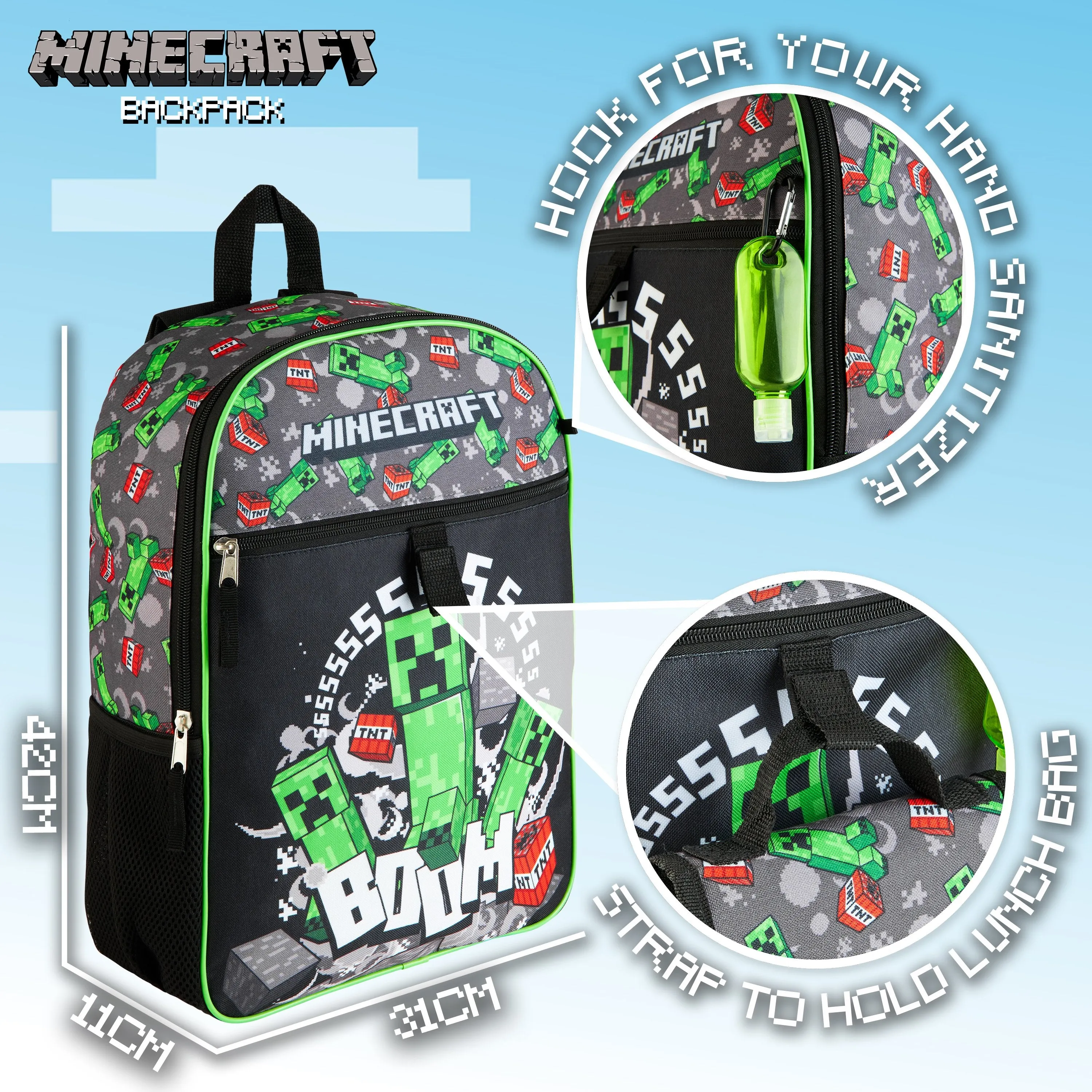 Minecraft Backpack 6 Piece Set with Lunch Bag, Pencil Case, Keyring, Carabiner, Hand Sanitiser Bottle