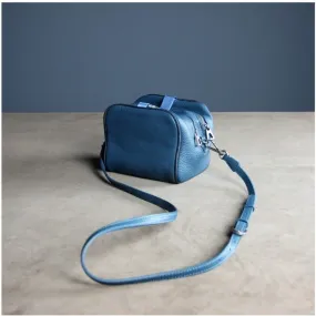 Mini Womens Navy Leather Shoulder Bag Cube Double Zip Leather Crossbody Bag for Ladies