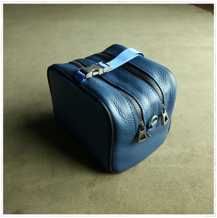 Mini Womens Navy Leather Shoulder Bag Cube Double Zip Leather Crossbody Bag for Ladies