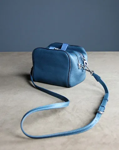 Mini Womens Navy Leather Shoulder Bag Cube Double Zip Leather Crossbody Bag for Ladies
