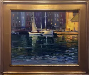 "Harbor Reflection" by Leonard Mizerek - Impressionist European Coastal Oil Painting