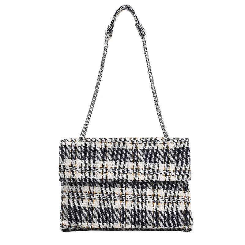 Sohiwoo Plaid Pattern Shoulder Bag Flap Magnet Crossbody Bag Chain Accent Strap Shoulder Bag