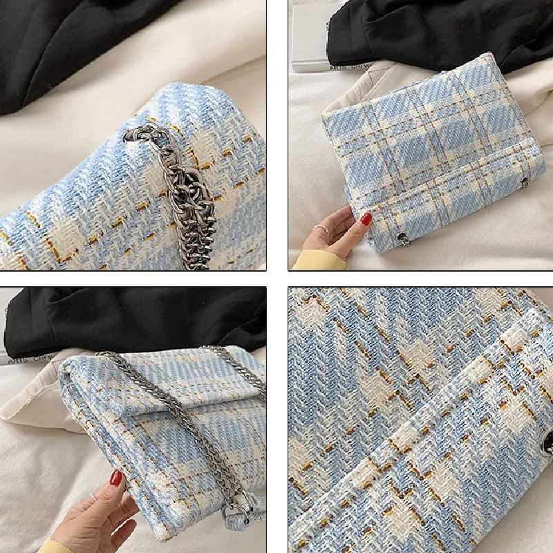 Sohiwoo Plaid Pattern Shoulder Bag Flap Magnet Crossbody Bag Chain Accent Strap Shoulder Bag