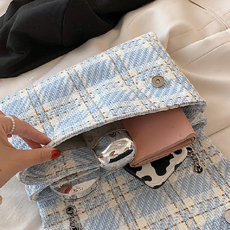 Sohiwoo Plaid Pattern Shoulder Bag Flap Magnet Crossbody Bag Chain Accent Strap Shoulder Bag