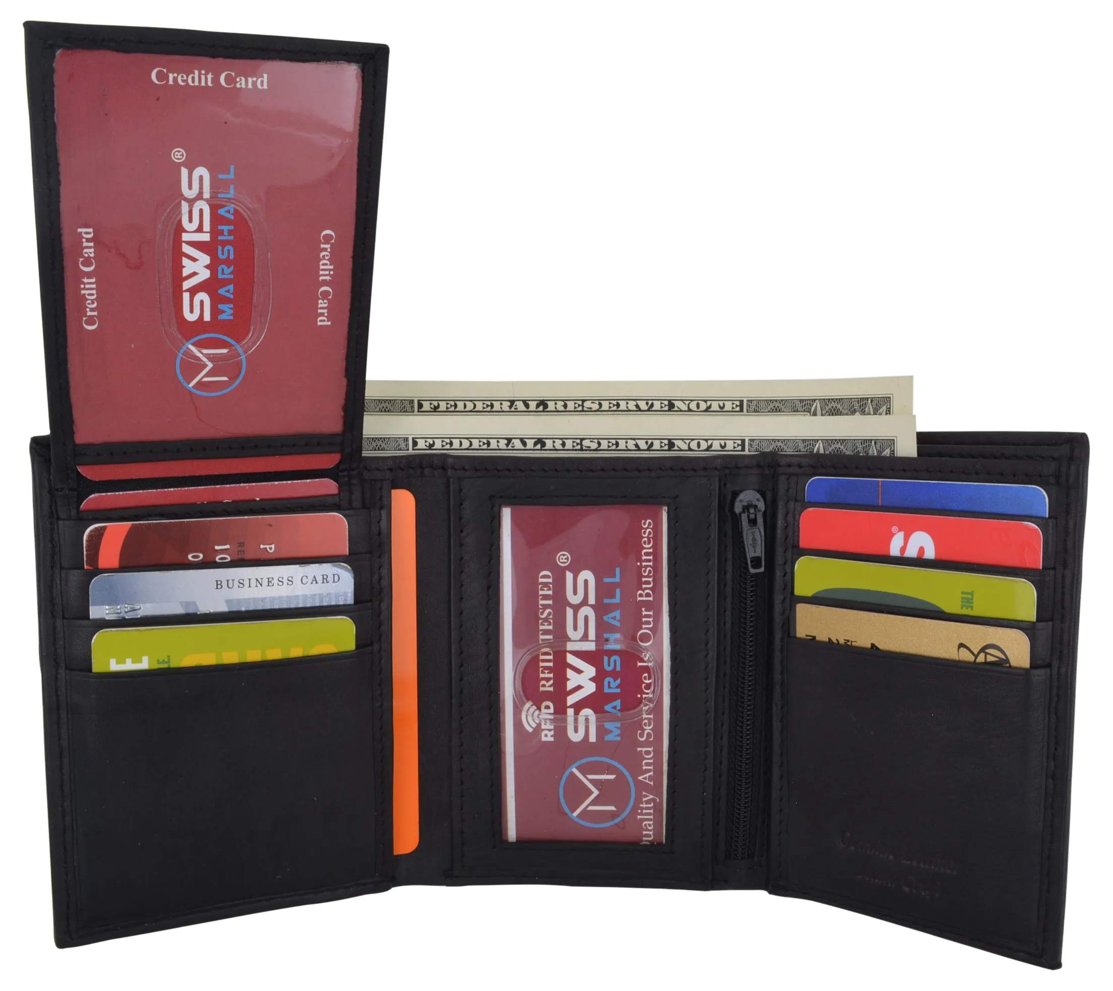 Swiss Marshall Men's RFID Blocking Premium Leather Removable Card/ID Holder Trifold Wallet