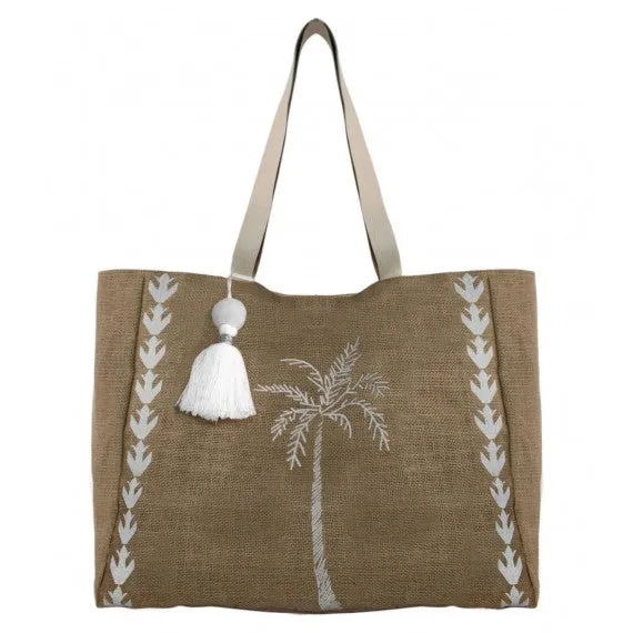 White Palm Tree Jute Beach Bag