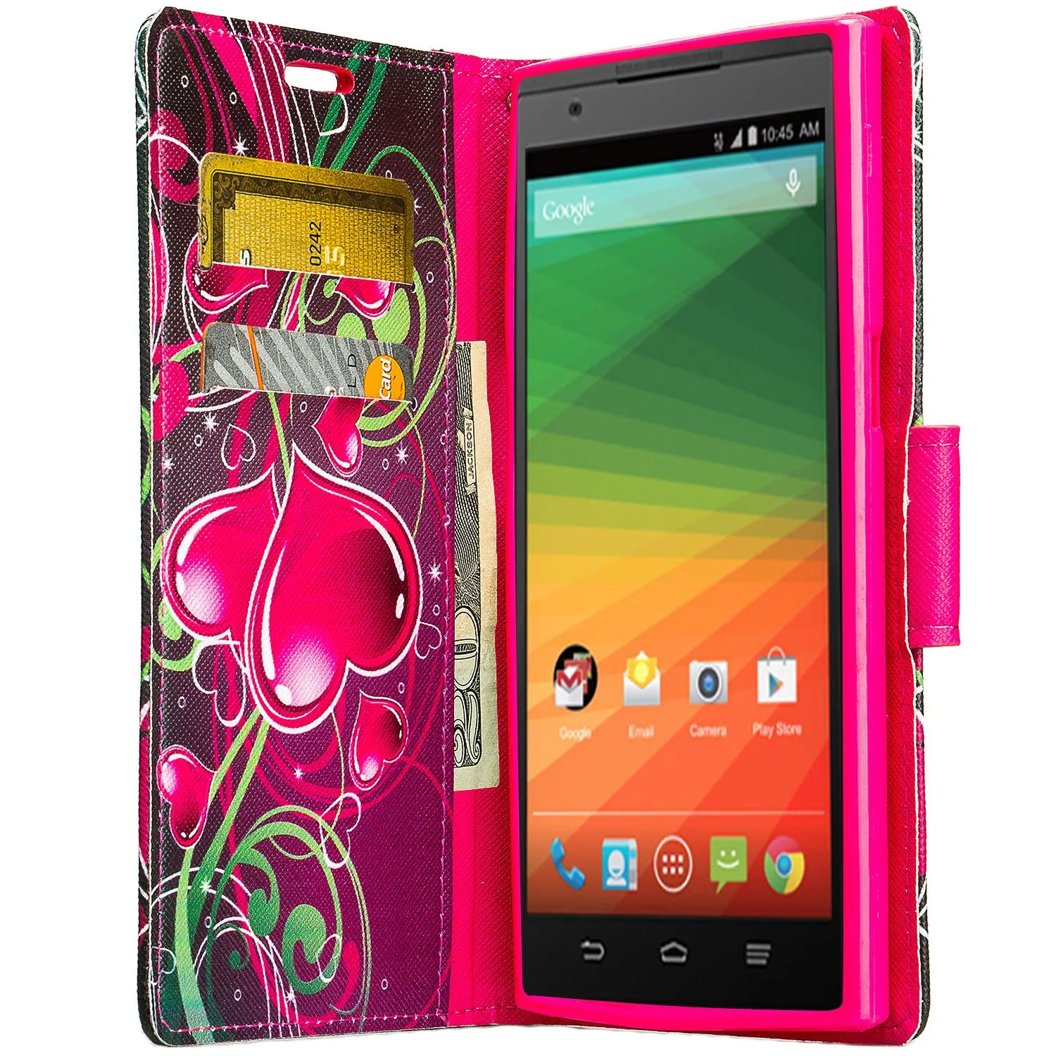 ZTE ZMAX Case, Wrist Strap Magnetic Fold[Kickstand] Pu Leather Wallet Case with ID & Credit Card Slots for ZTE ZMAX - Heart Strings